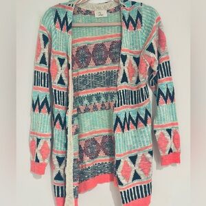L LOVE Hot Pink,Turquoise,Navy Blue,& Off White Geometric Open Cardigan S/M